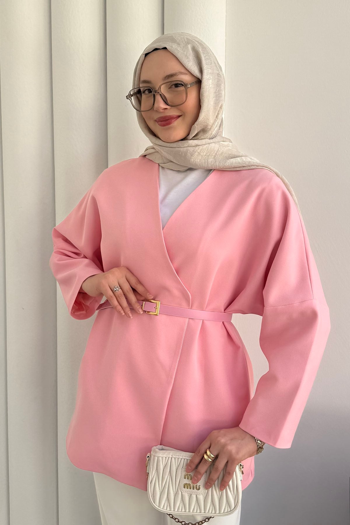 Yakasız Kemer Detaylı Ceket-PEMBE