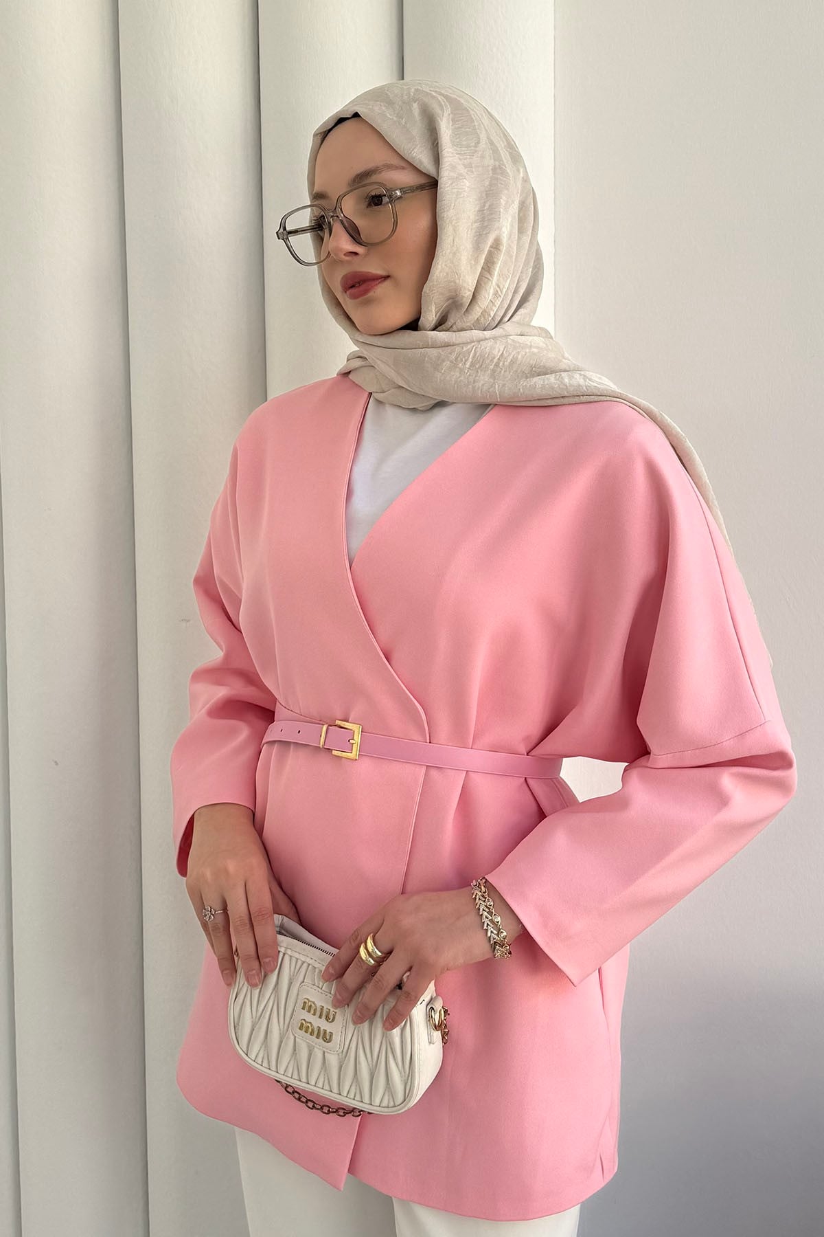 Yakasız Kemer Detaylı Ceket-PEMBE