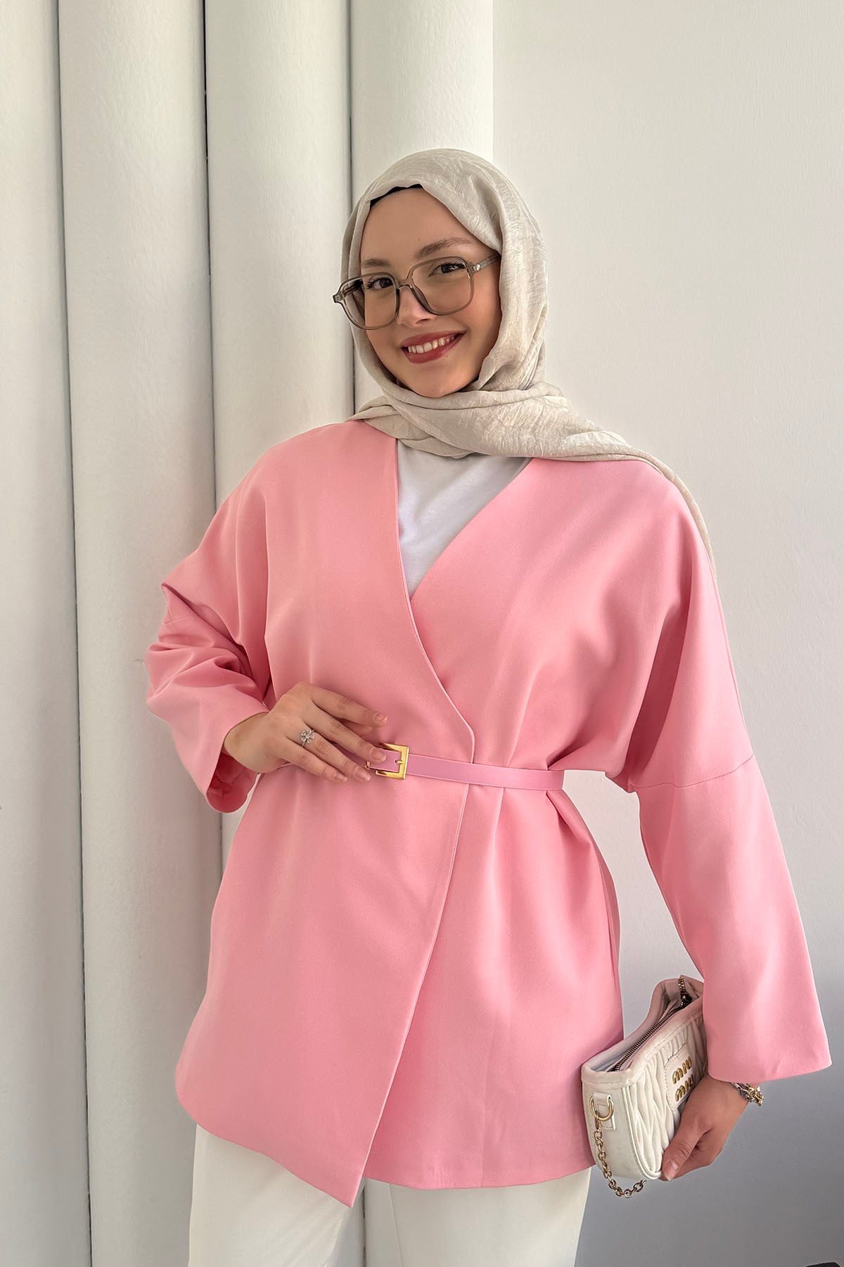 Yakasız Kemer Detaylı Ceket-PEMBE