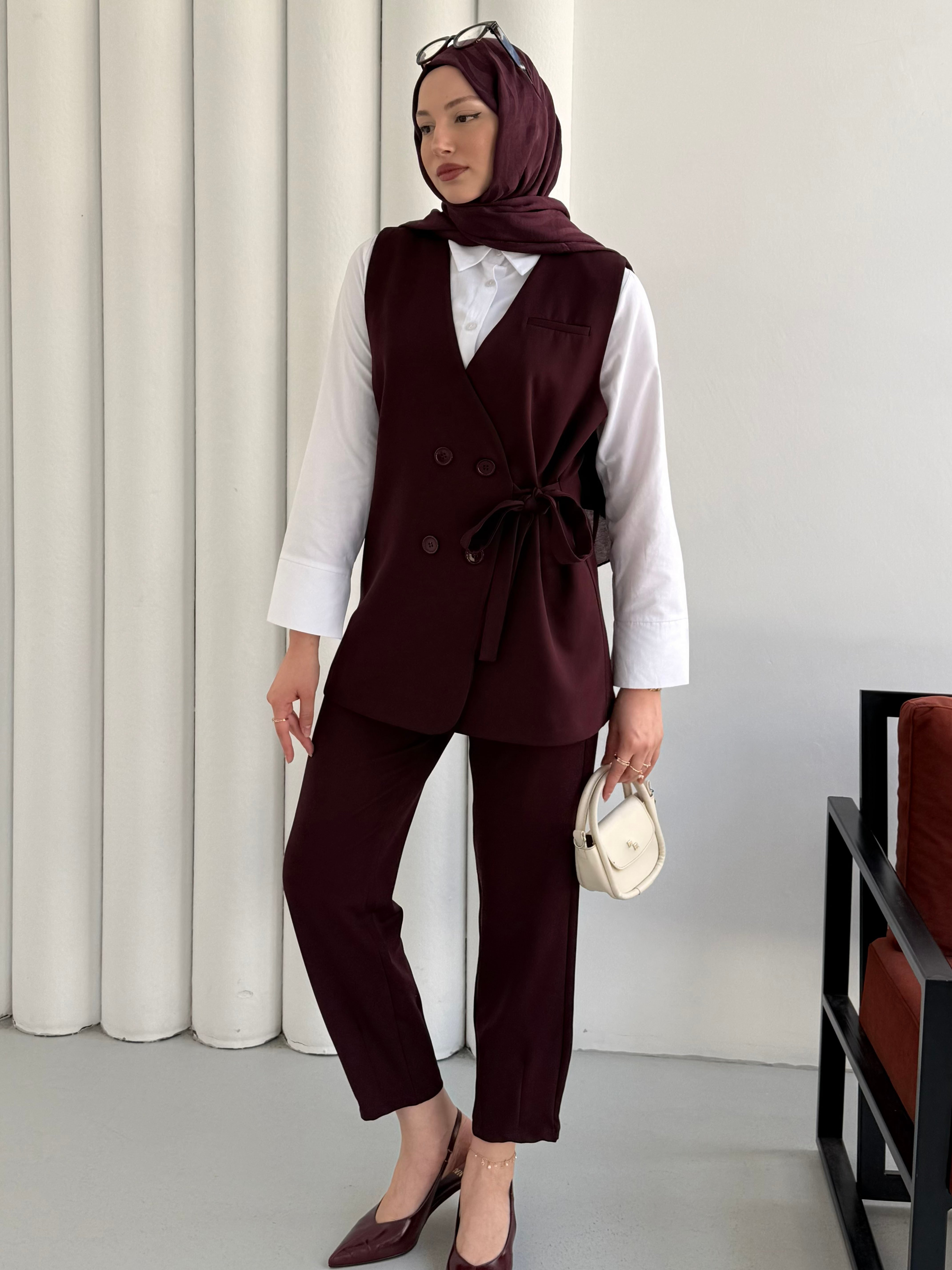 Yan Bağlama Detaylı Yelekli Pantolon Tesettür Takım-BORDO
