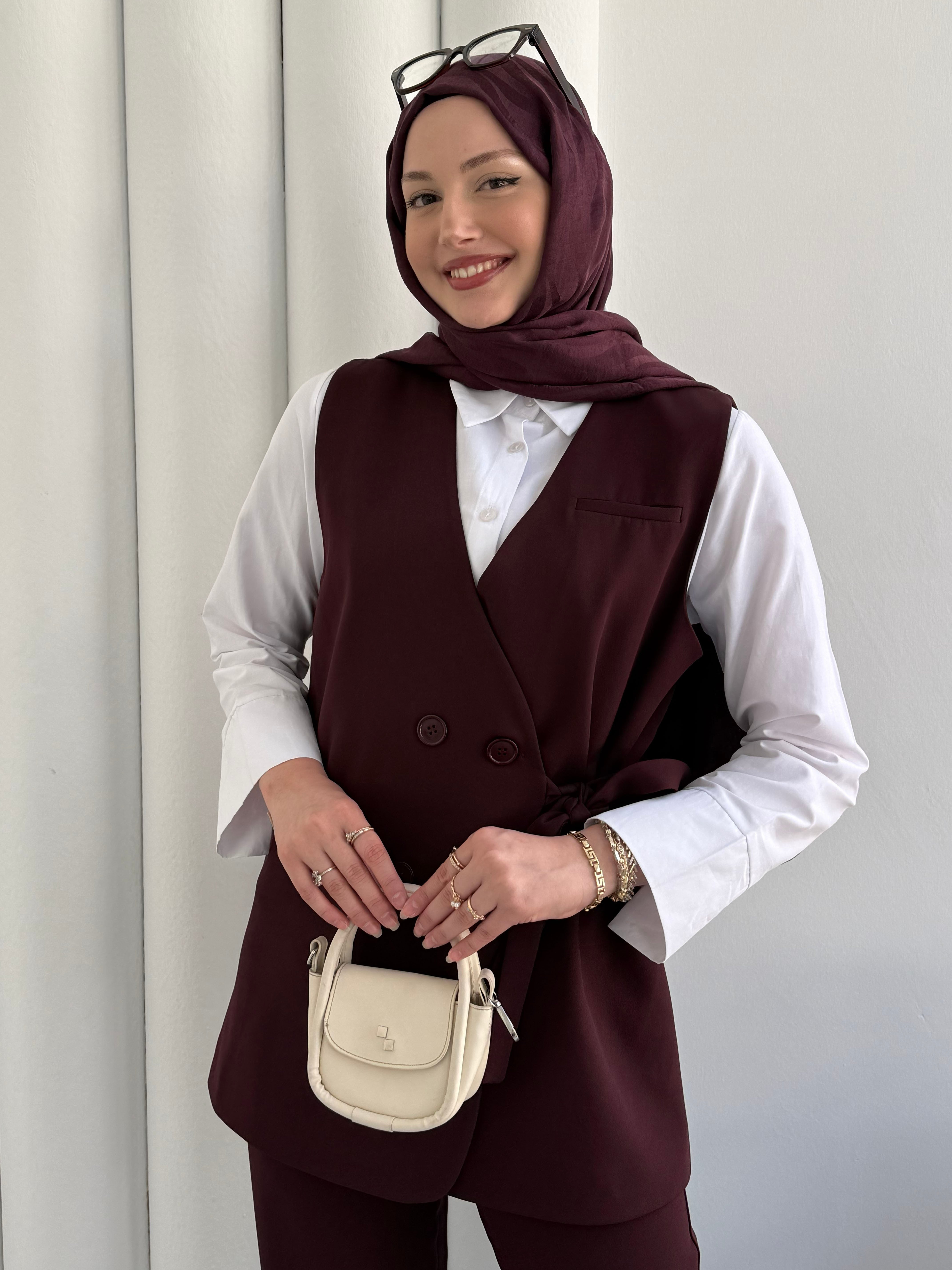 Yan Bağlama Detaylı Yelekli Pantolon Tesettür Takım-BORDO