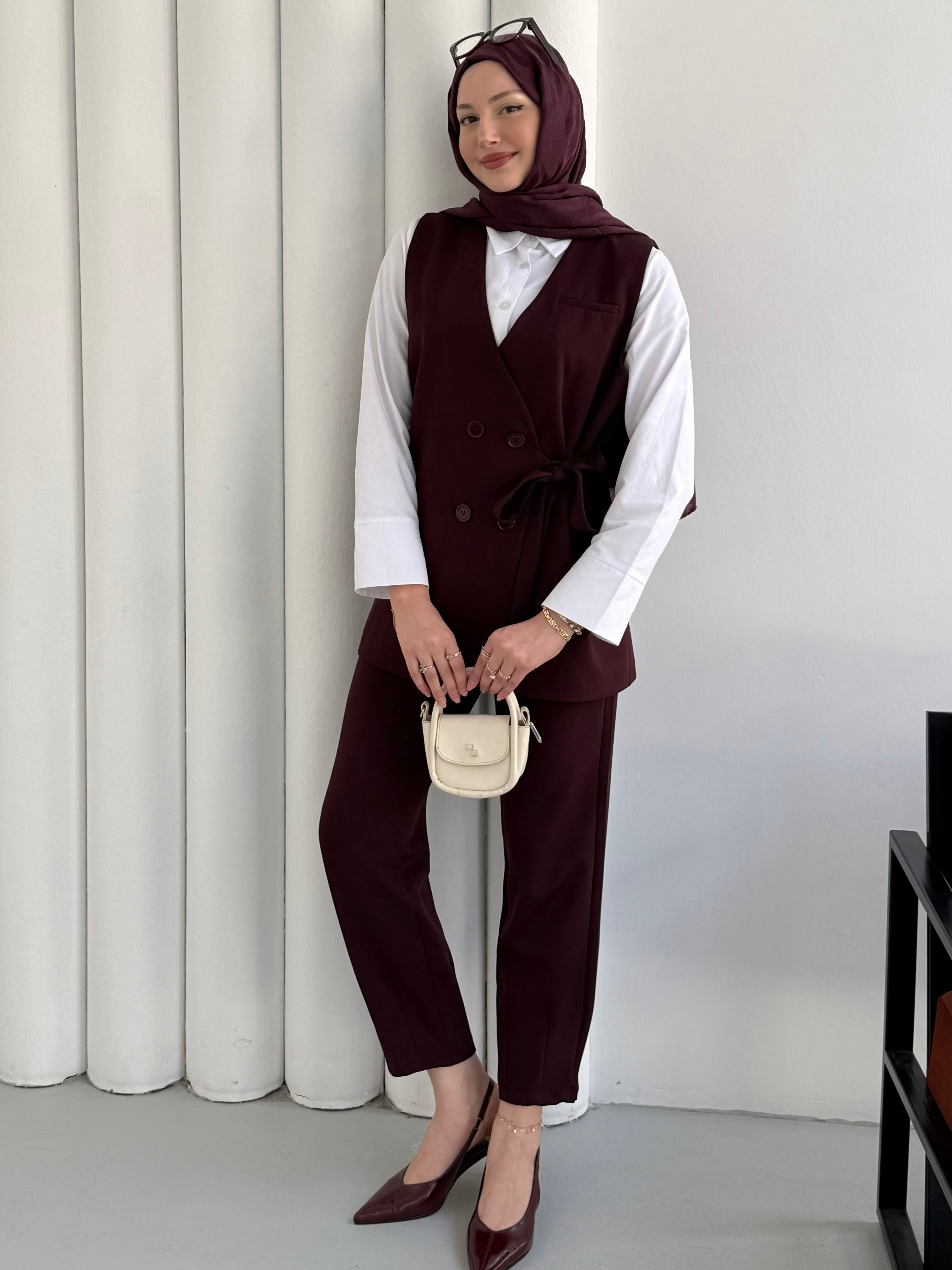 Yan Bağlama Detaylı Yelekli Pantolon Tesettür Takım-BORDO
