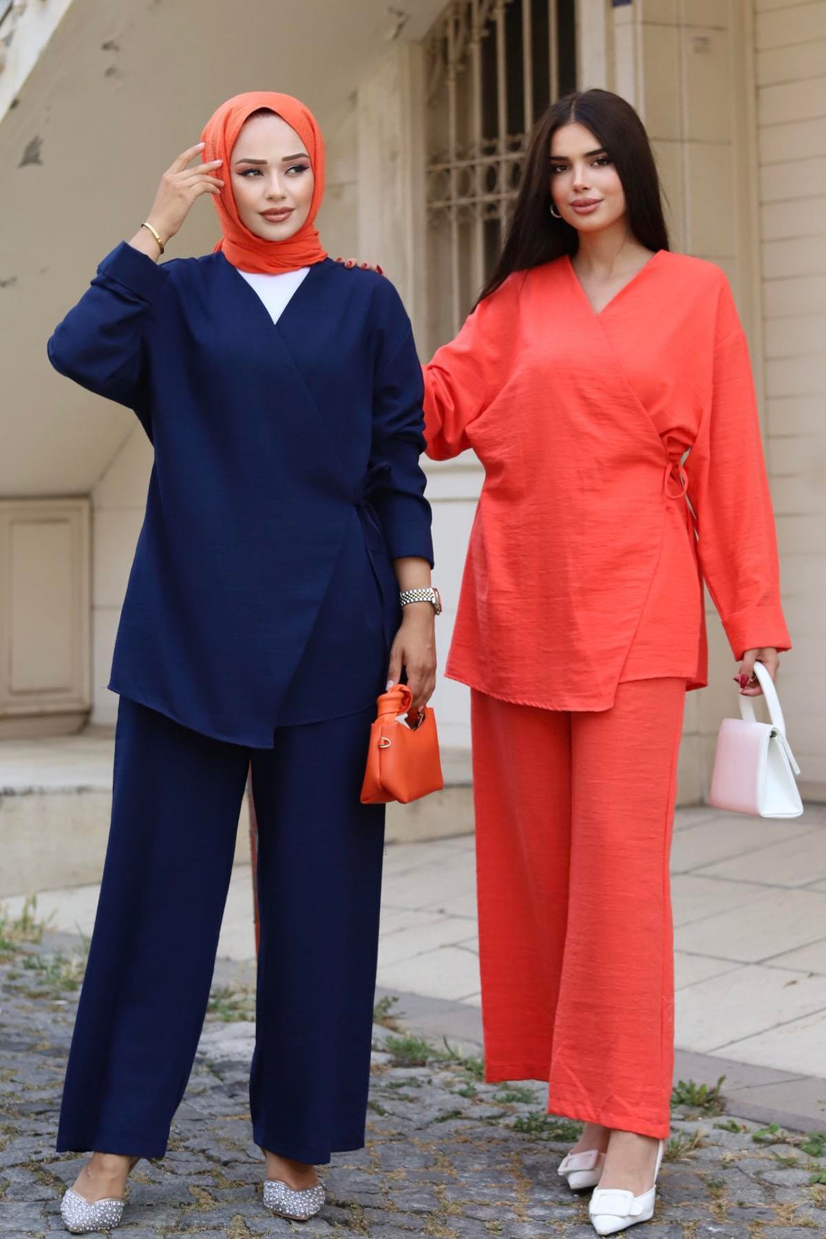 Yandan Bağcıklı Keten Tesettür Takım-ORANGE