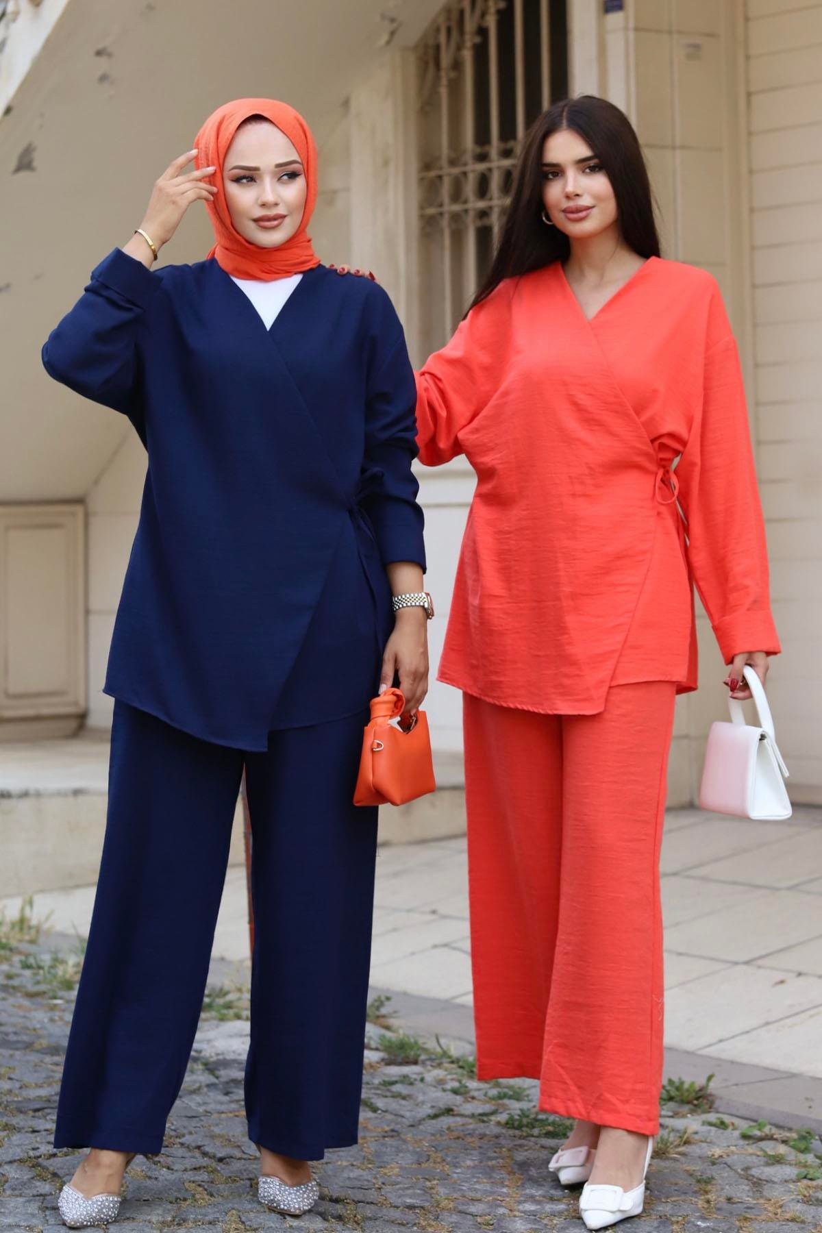 Yandan Bağcıklı Keten Tesettür Takım-ORANGE