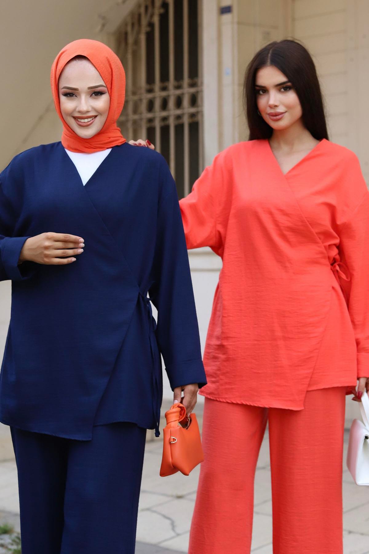 Yandan Bağcıklı Keten Tesettür Takım-ORANGE