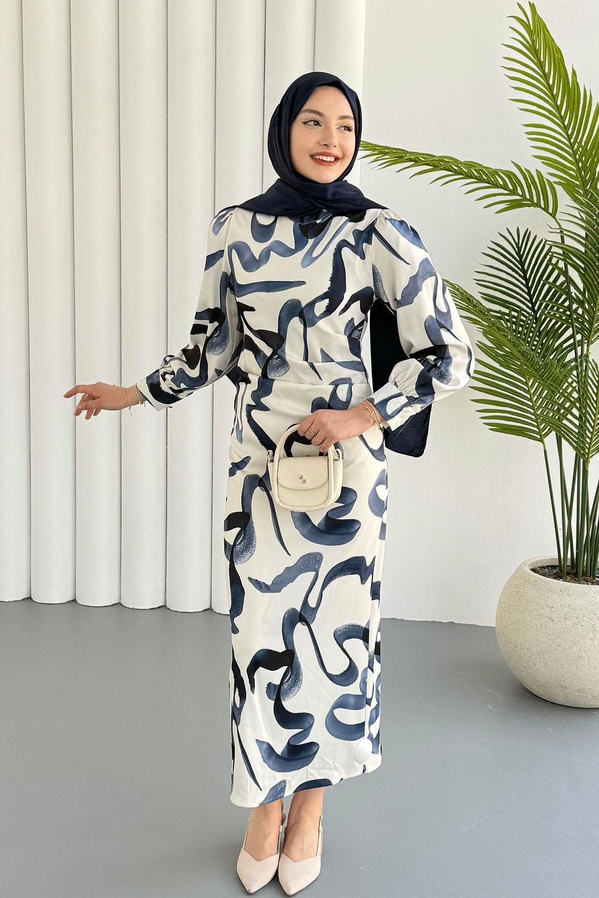 Yandan Büzgülü Batik Desen Tesettür Elbise-MAVİ
