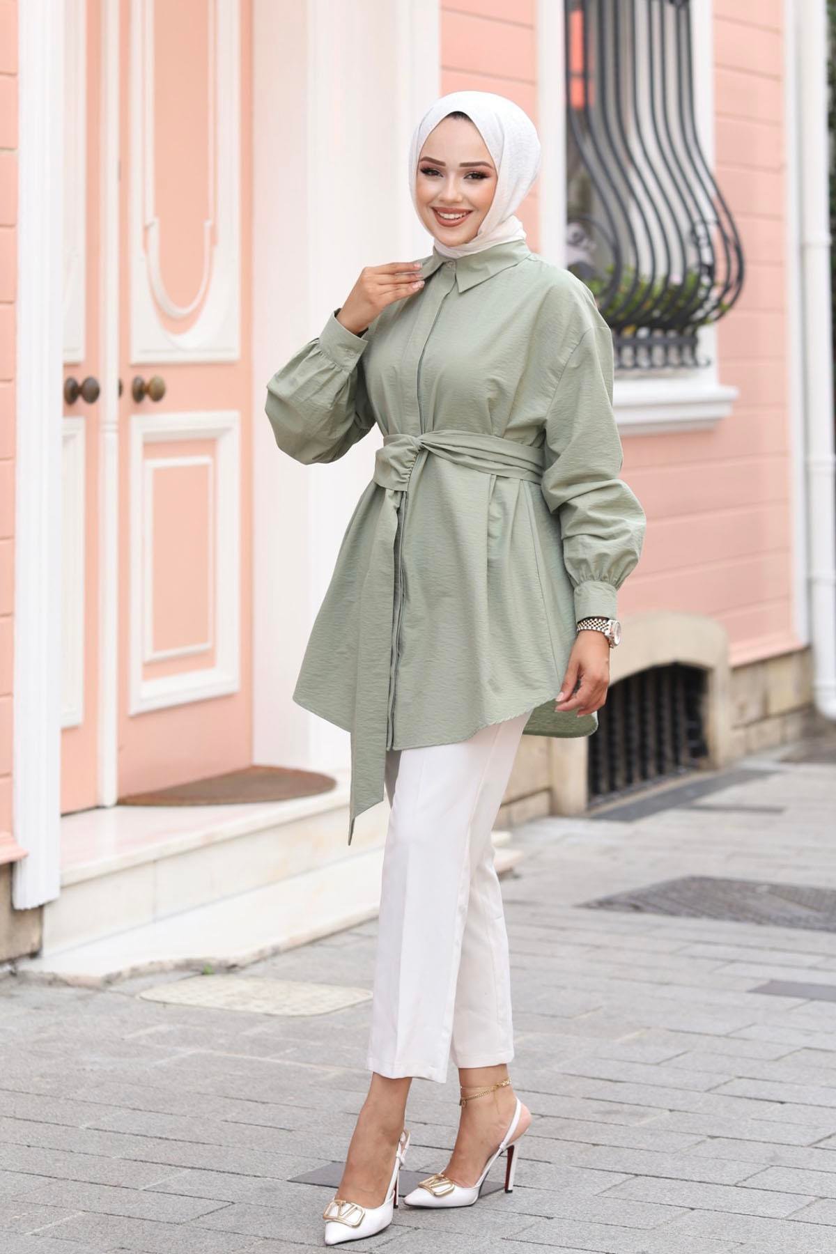 Yandan Kuşak Detaylı Gömlek-ÇAĞLA YEŞİLİ