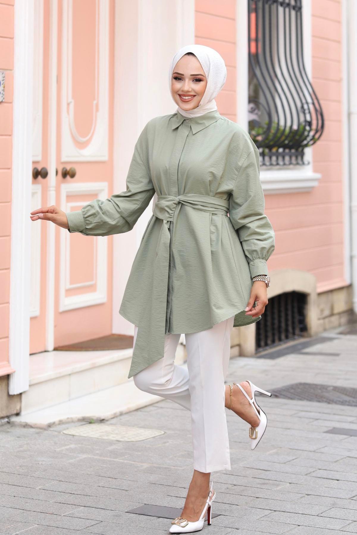 Yandan Kuşak Detaylı Gömlek-ÇAĞLA YEŞİLİ