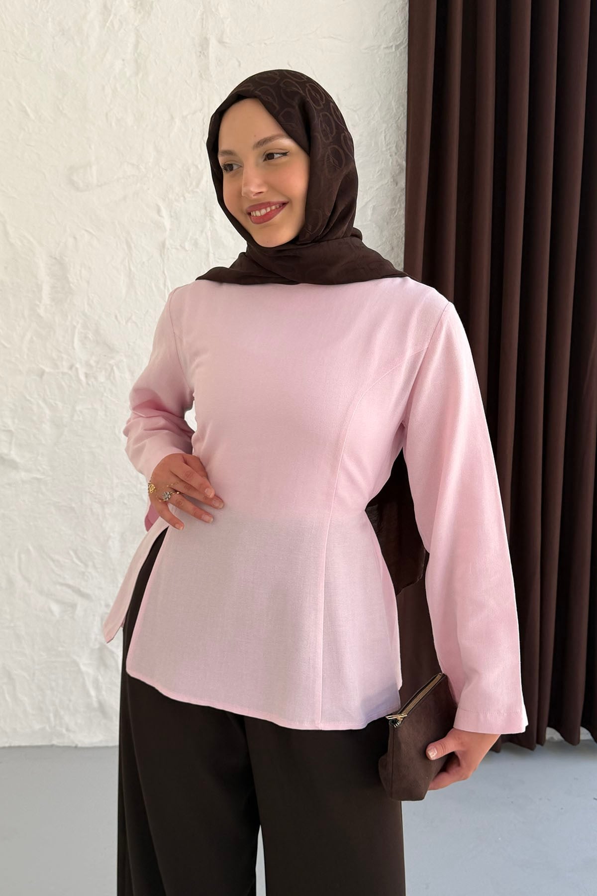 Yandan Yırtmaç Detay Biye Kemerli Tunik-PEMBE