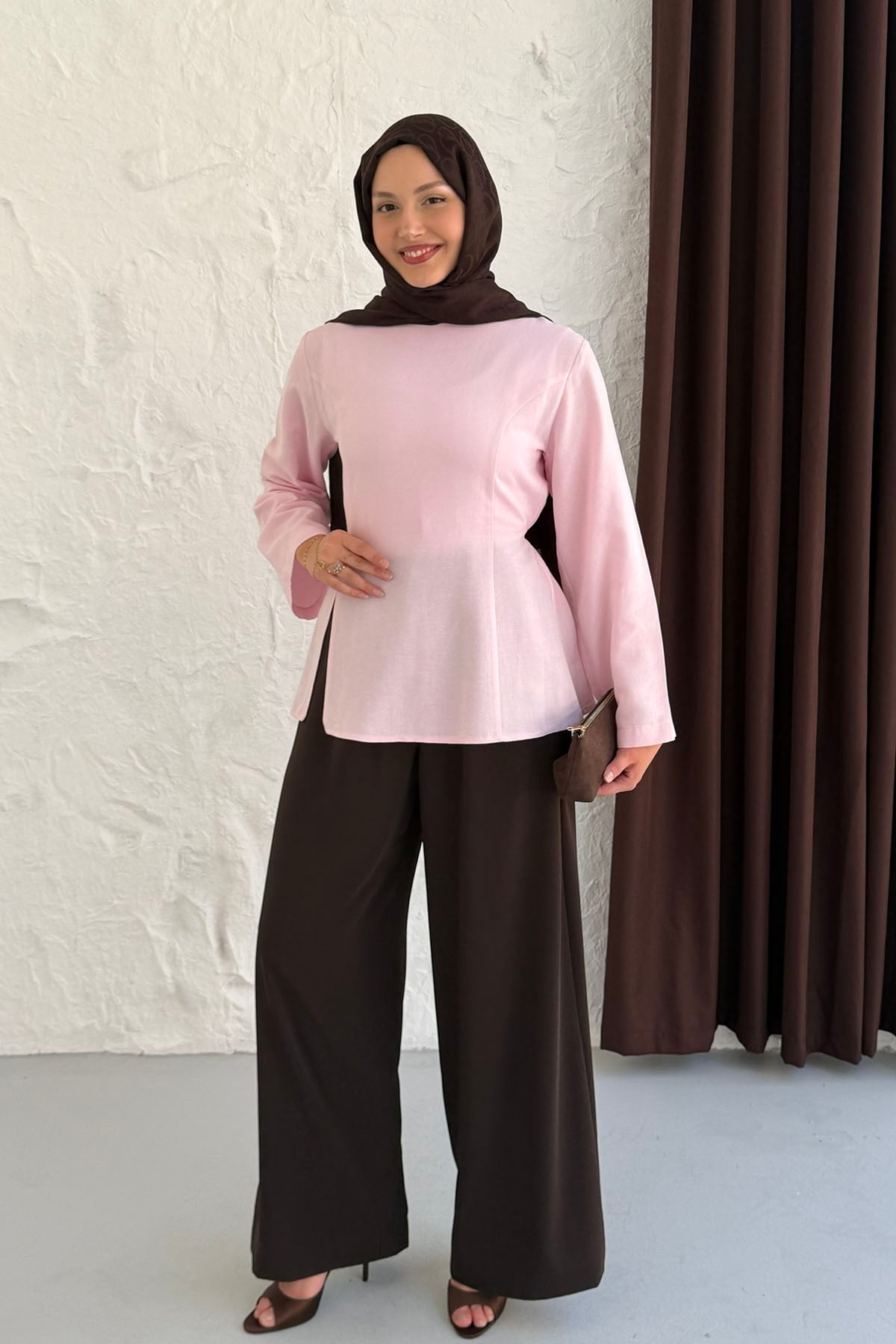 Yandan Yırtmaç Detay Biye Kemerli Tunik-PEMBE