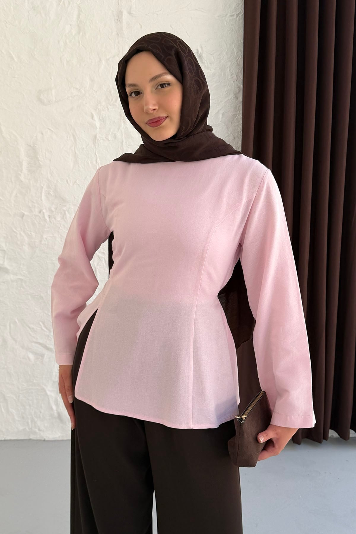Yandan Yırtmaç Detay Biye Kemerli Tunik-PEMBE