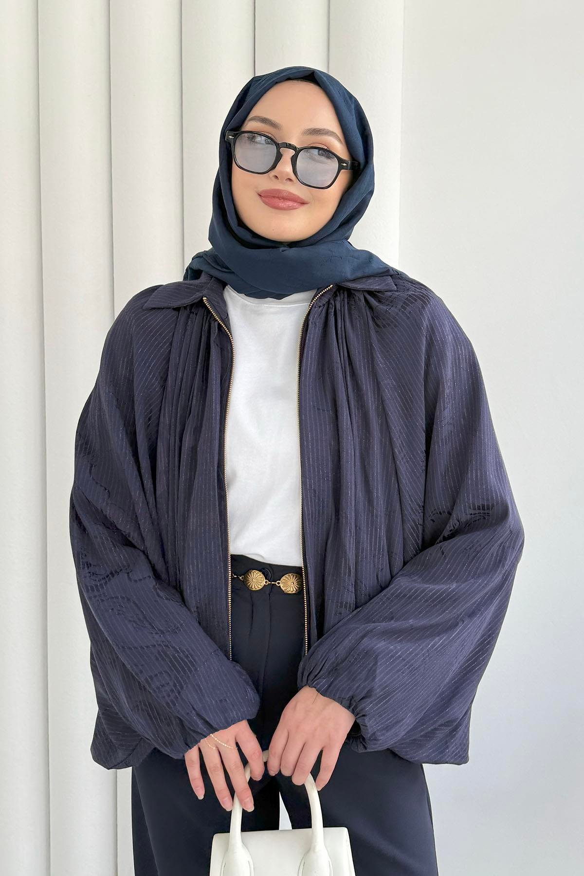 Yarasa Kol Simli Bomber Ceket-LACİVERT