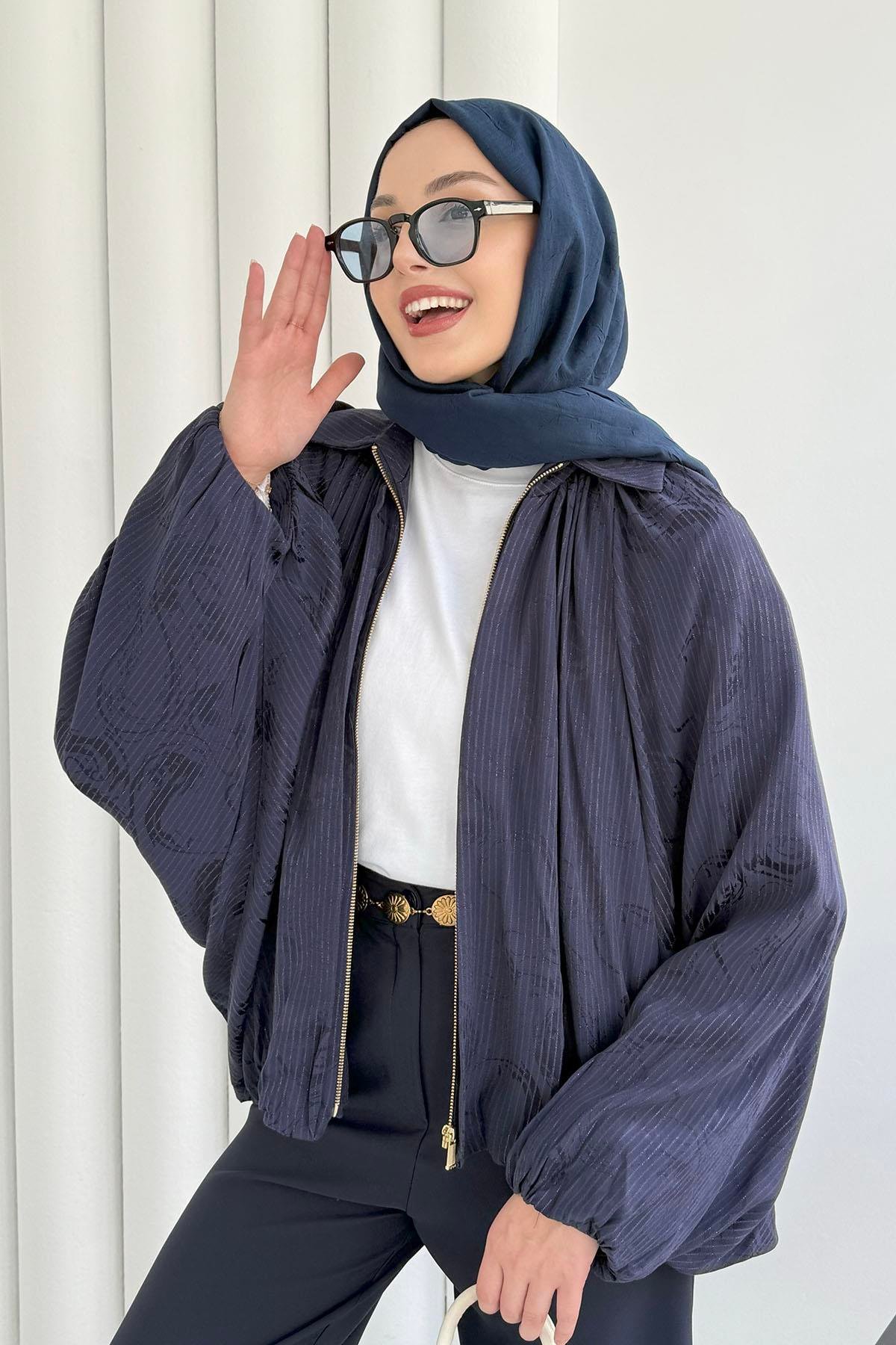 Yarasa Kol Simli Bomber Ceket-LACİVERT