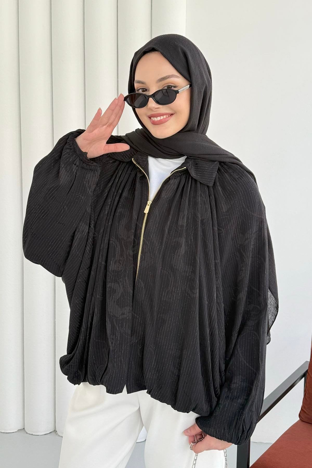 Yarasa Kol Simli Bomber Ceket-SİYAH