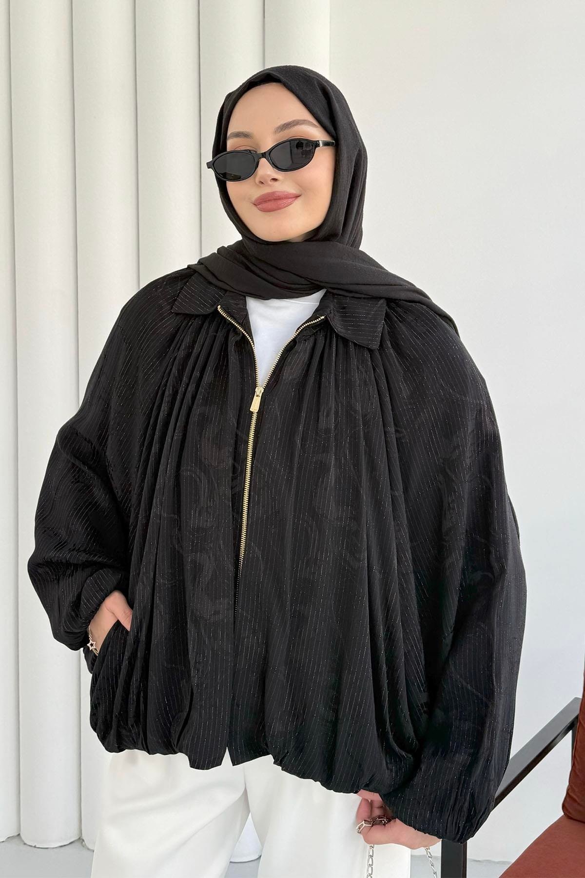 Yarasa Kol Simli Bomber Ceket-SİYAH
