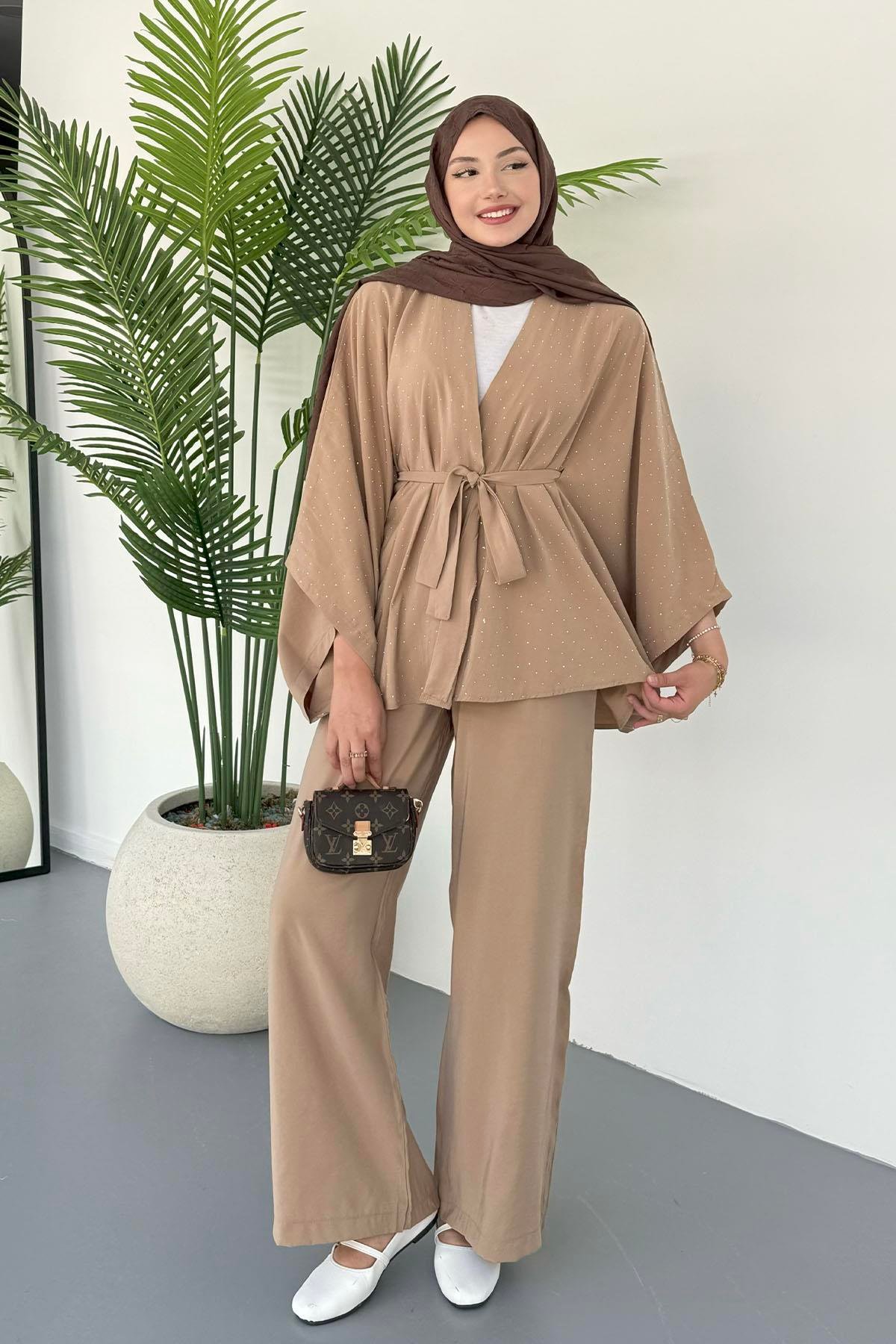Yarasa Kol Taş Serpmeli Kimono Tesettür Takım-TOPRAK