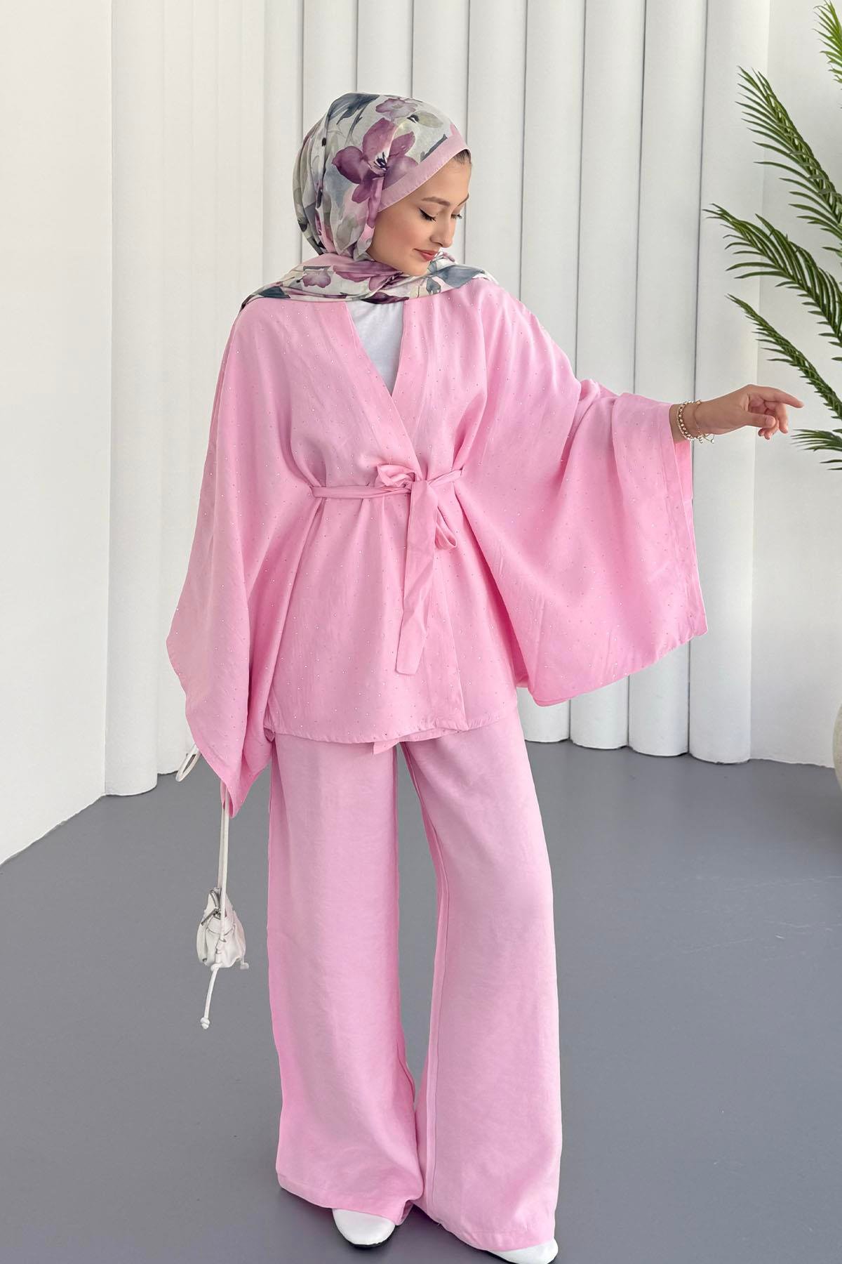 Yarasa Kol Taş Serpmeli Kimono Tesettür Takım-PEMBE