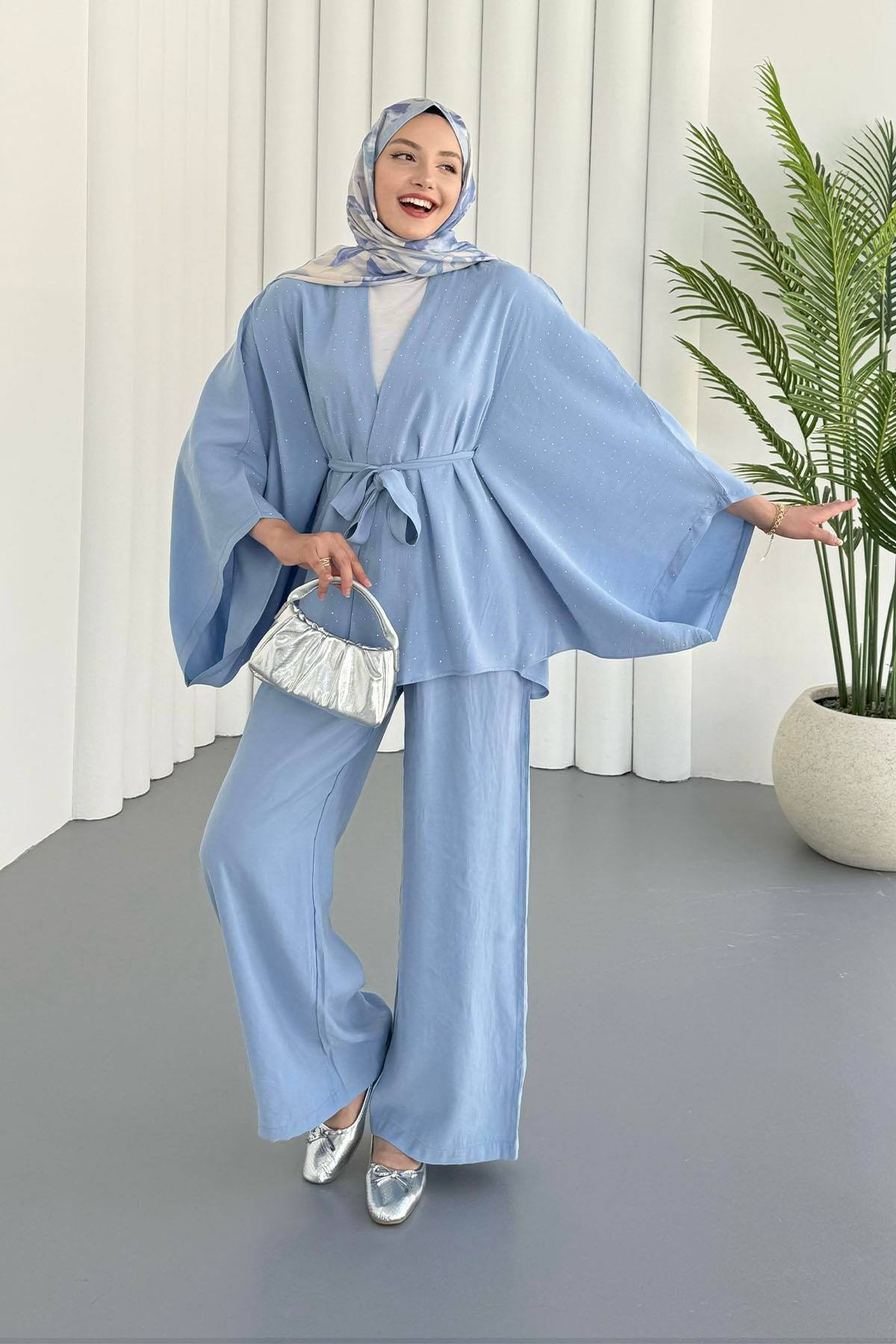 Yarasa Kol Taş Serpmeli Kimono Tesettür Takım-MAVİ