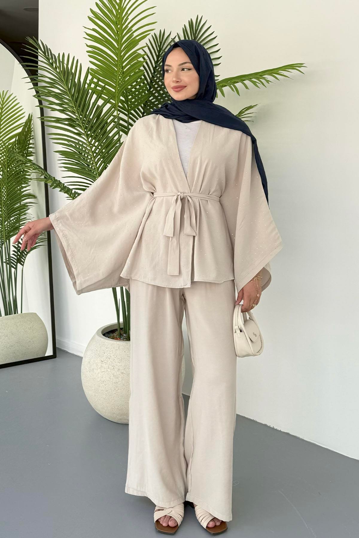 Yarasa Kol Taş Serpmeli Kimono Tesettür Takım-TAŞ
