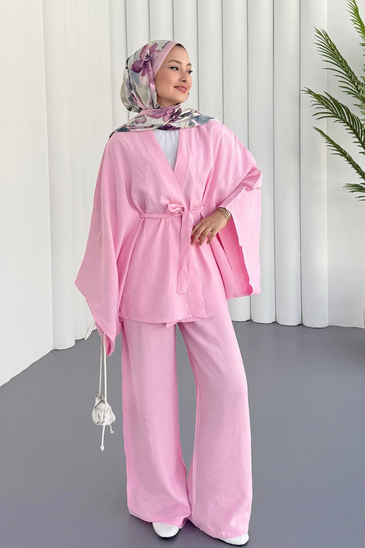 Yarasa Kol Taş Serpmeli Kimono Tesettür Takım-PEMBE