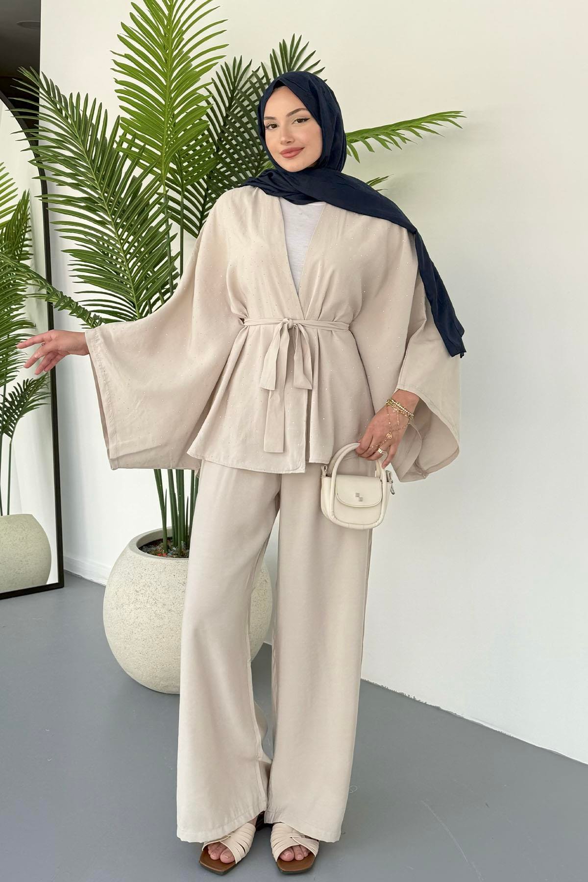 Yarasa Kol Taş Serpmeli Kimono Tesettür Takım-TAŞ