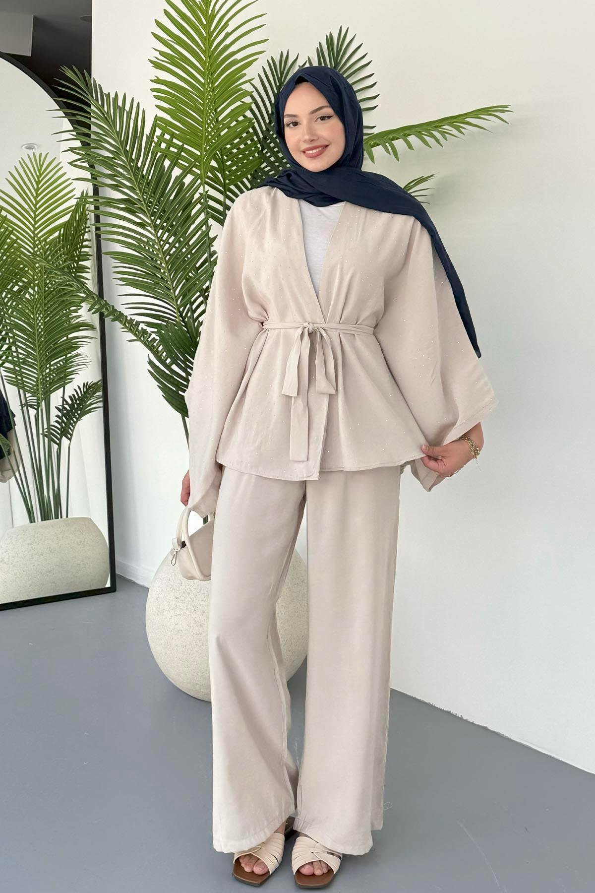 Yarasa Kol Taş Serpmeli Kimono Tesettür Takım-TAŞ