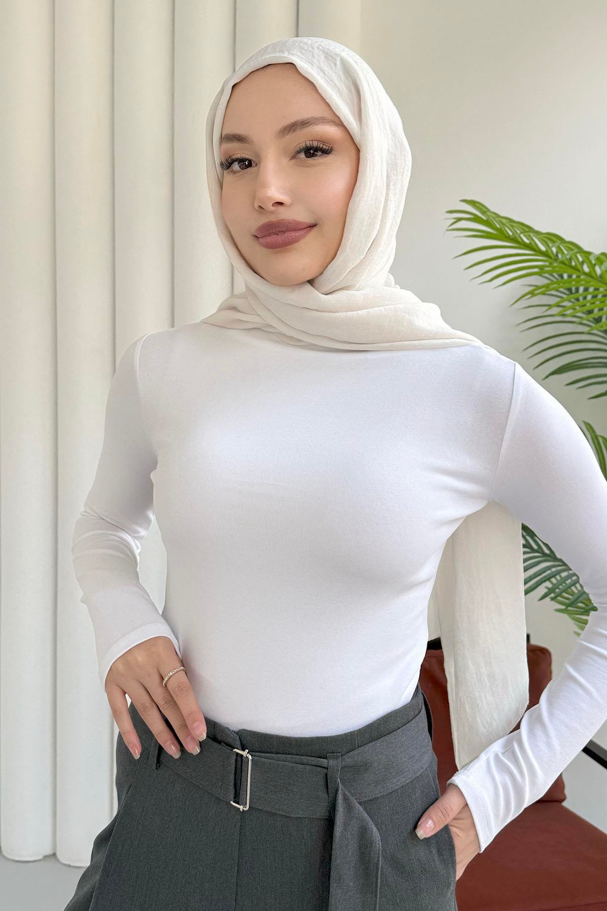 Yarım Balıkçı Yaka Uzun Kol Bady-BEYAZ