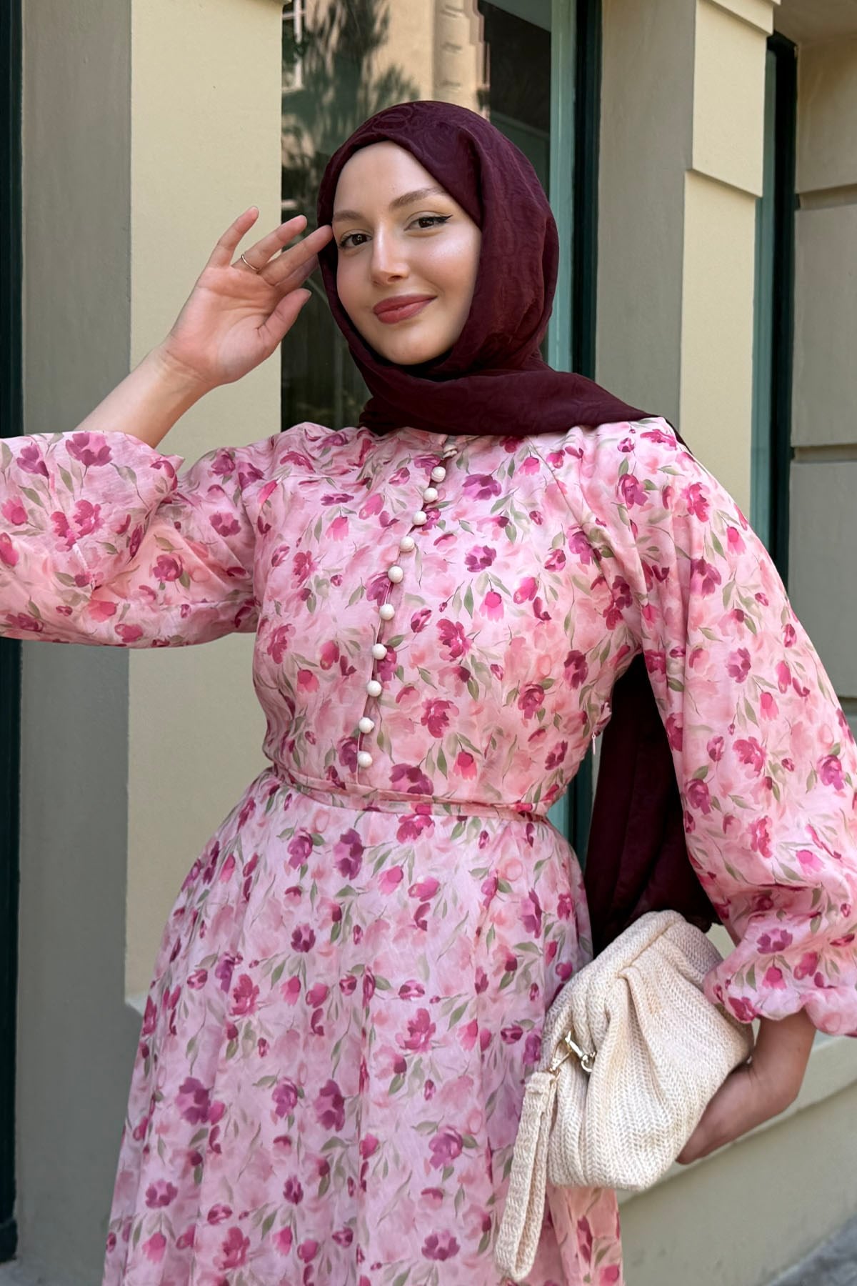 Yarım Düğme Detay Otantik Tesettür Elbise-PEMBE