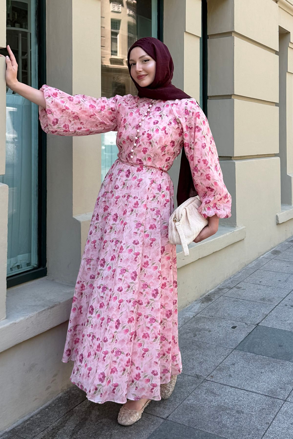 Yarım Düğme Detay Otantik Tesettür Elbise-PEMBE