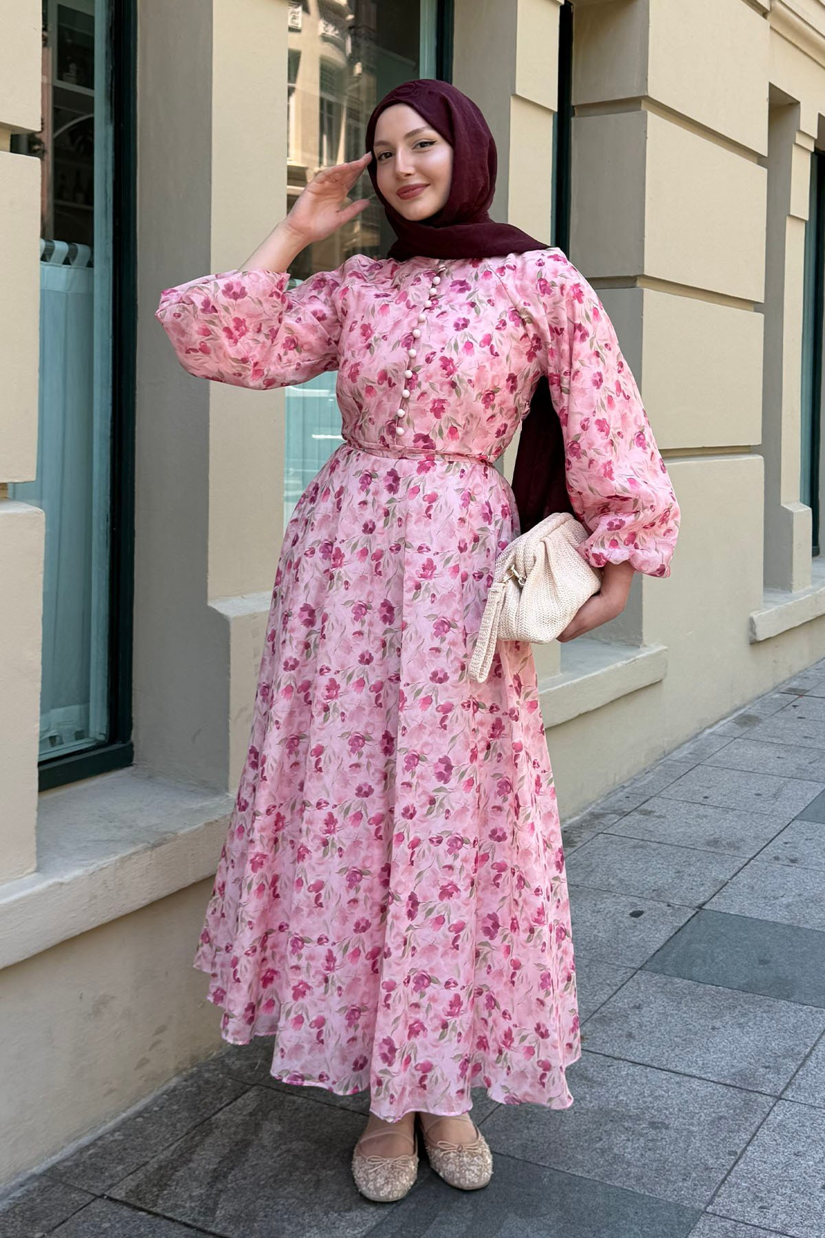 Yarım Düğme Detay Otantik Tesettür Elbise-PEMBE