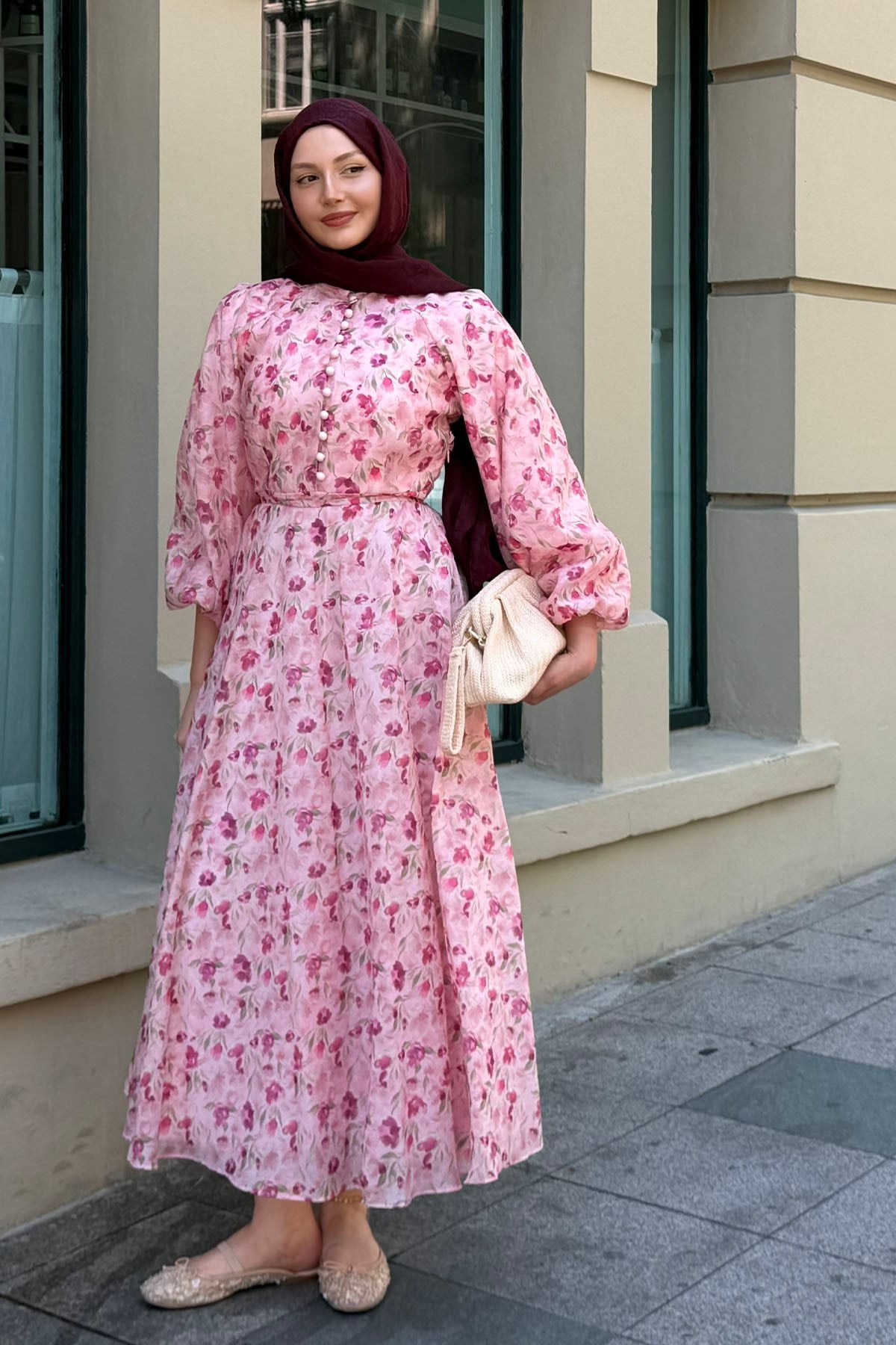 Yarım Düğme Detay Otantik Tesettür Elbise-PEMBE