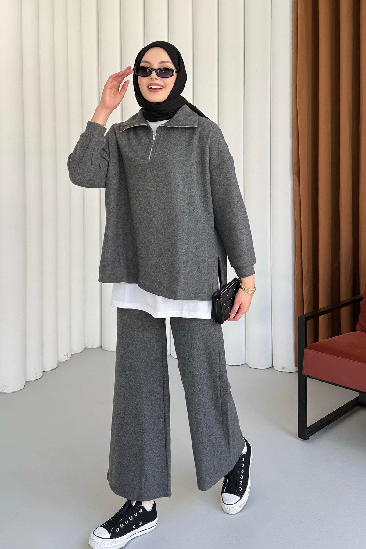Yarım Fermuarlı Selanik Kumaş Pantlonlu Tesettür Takım-FÜME