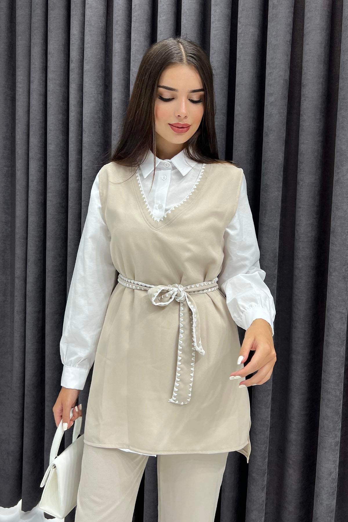 Yeleği Çoban Dikişli 3'lü Tesettür Takım-TAŞ
