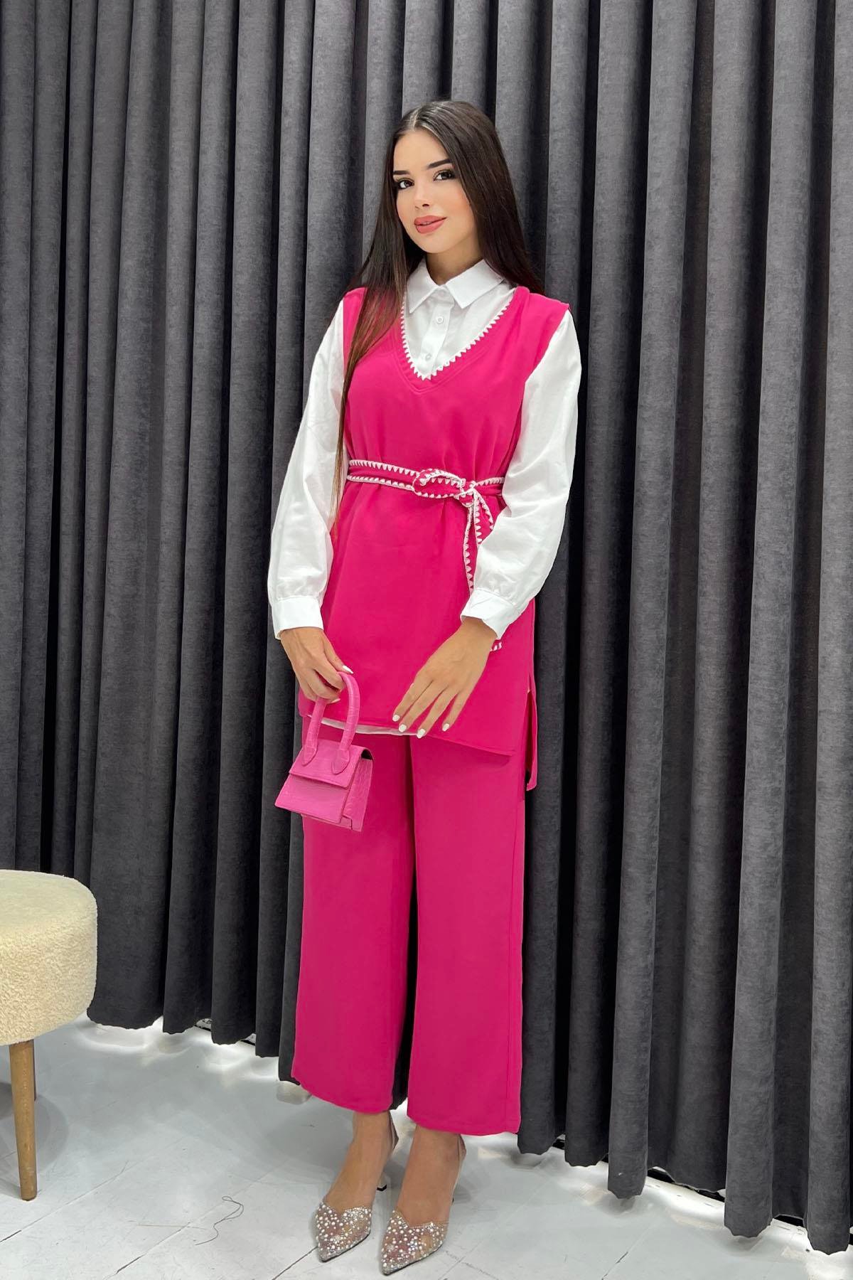 Yeleği Çoban Dikişli 3'lü Tesettür Takım-PEMBE