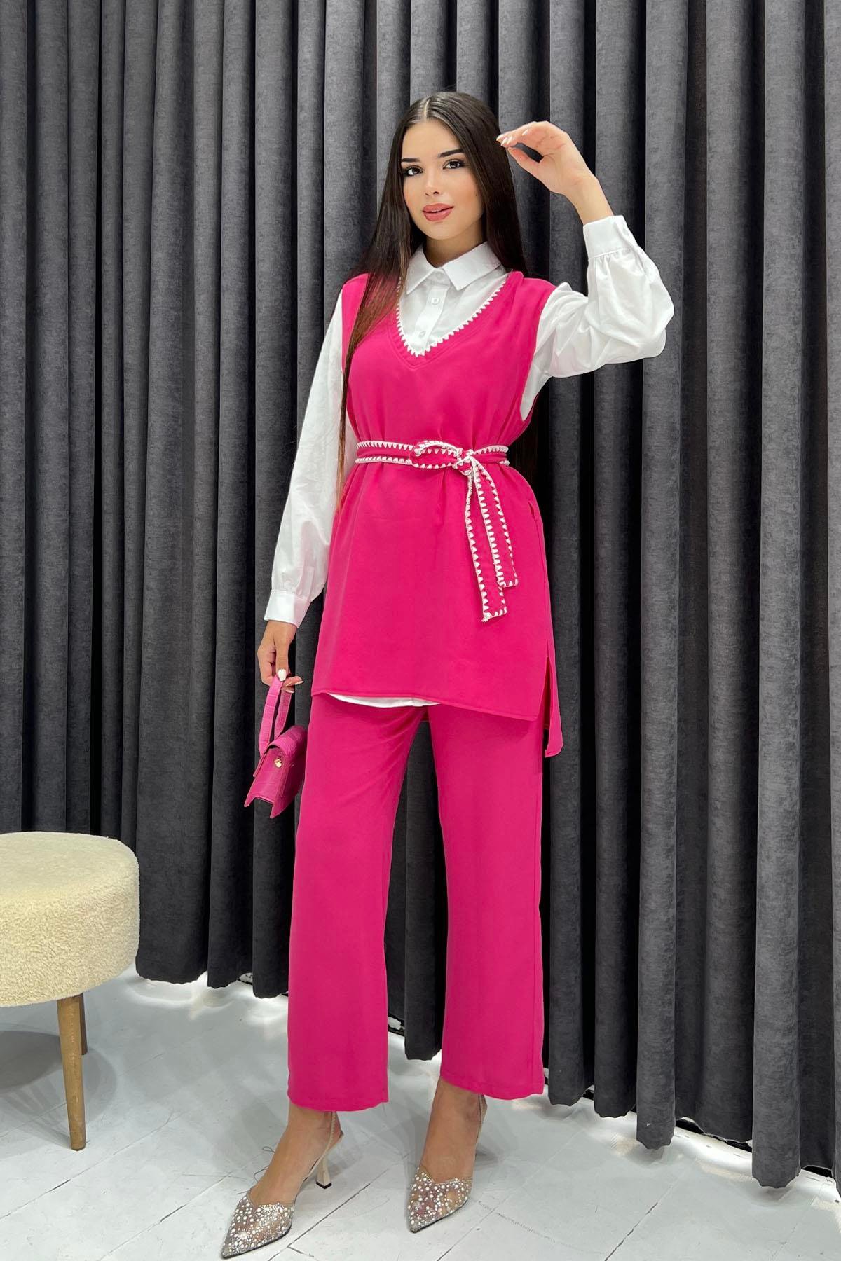 Yeleği Çoban Dikişli 3'lü Tesettür Takım-PEMBE