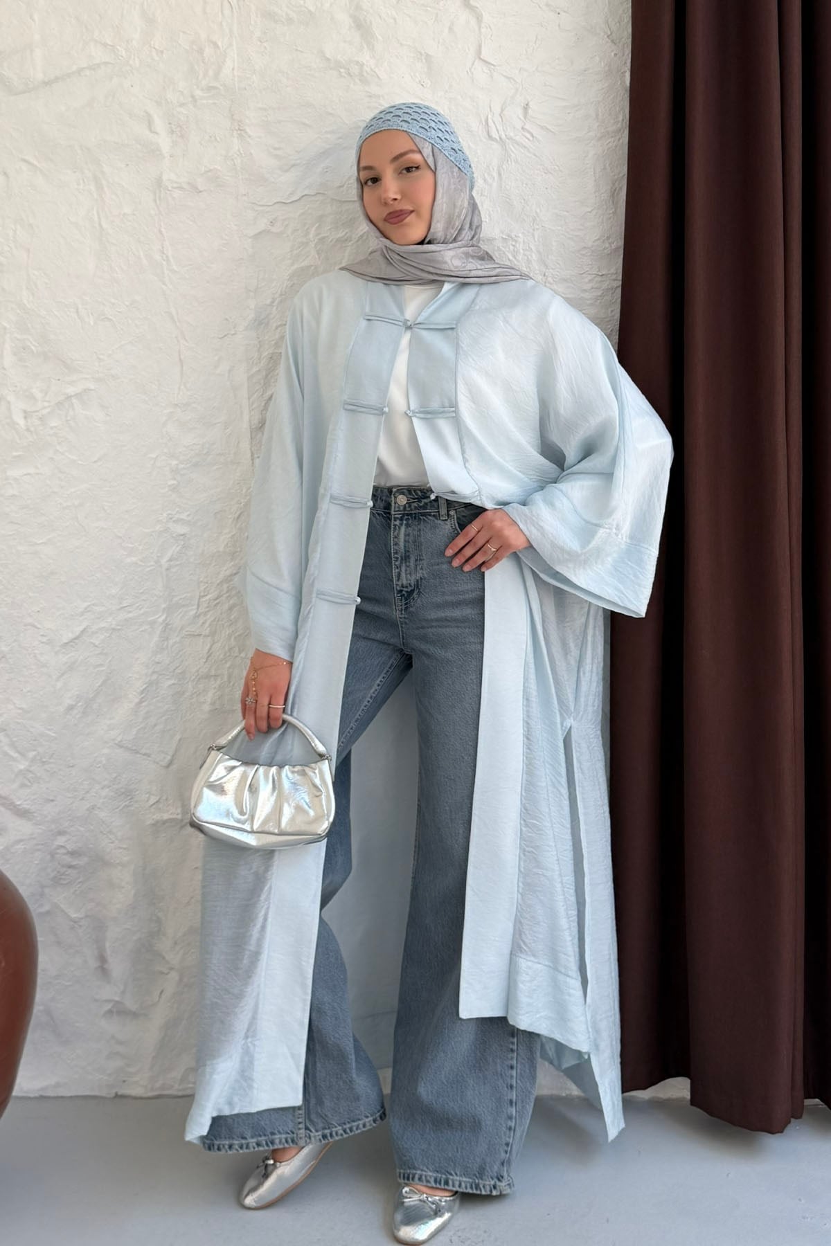 Yırtmaç Detaylı Süslü Düğmeli Kimono-BEBE MAVİ