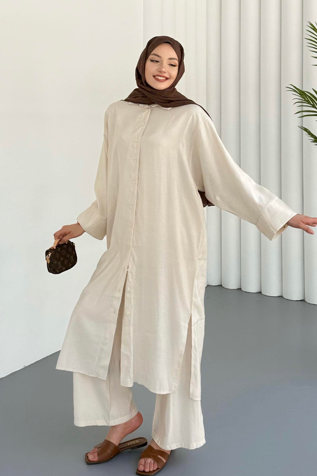 Yırtmaç Detaylı Tunik Pantolon Tesettür Takım-BEJ