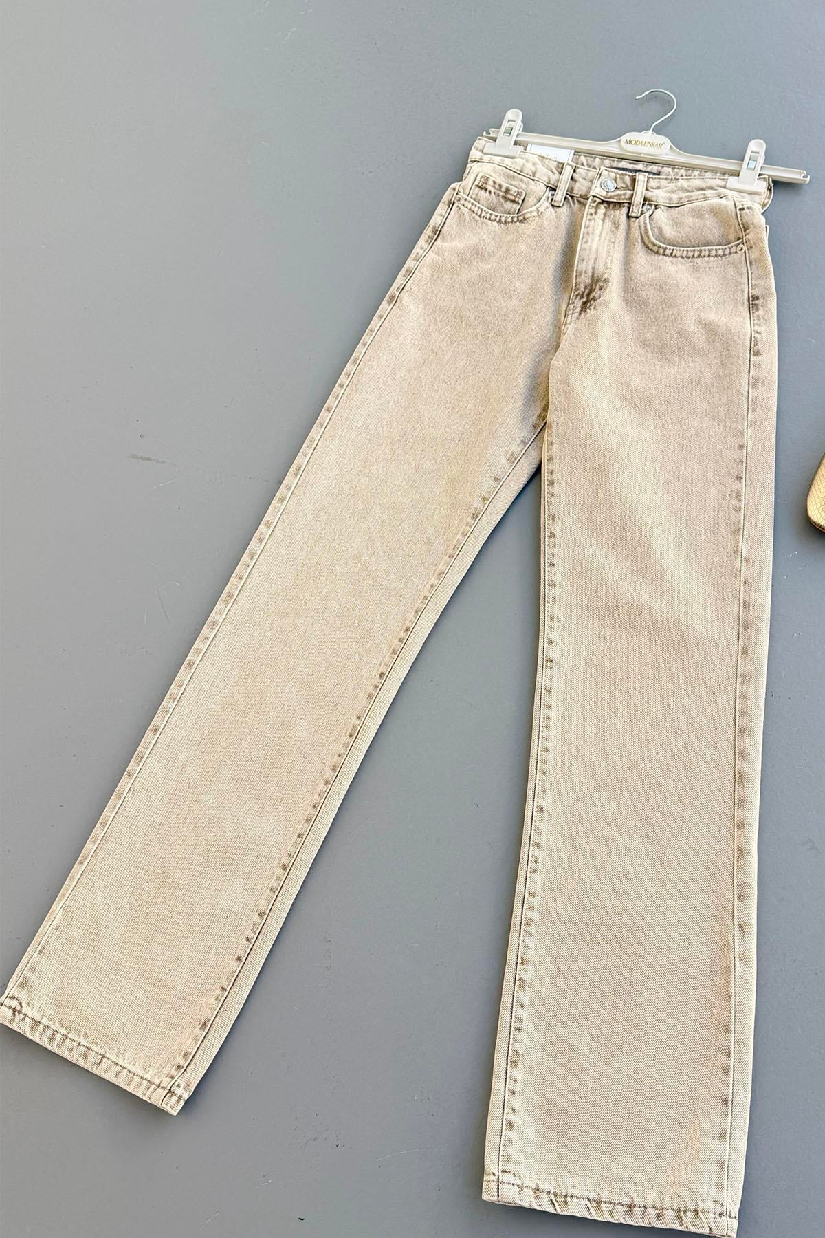 Yüksek Bel Geniş Paça Denim Pantolon-BEJ