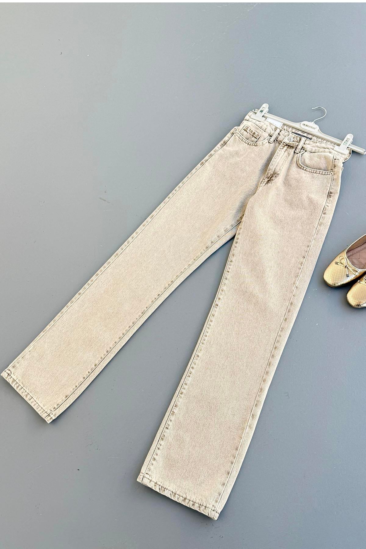 Yüksek Bel Geniş Paça Denim Pantolon-BEJ