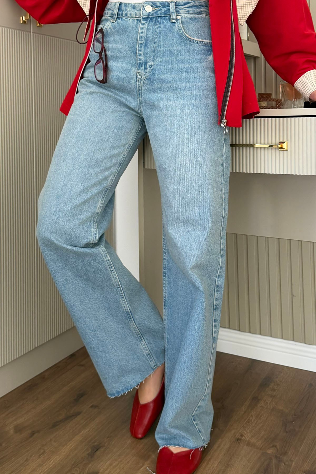 Yüksek Bel Geniş Paça Denim Pantolon-MAVİ