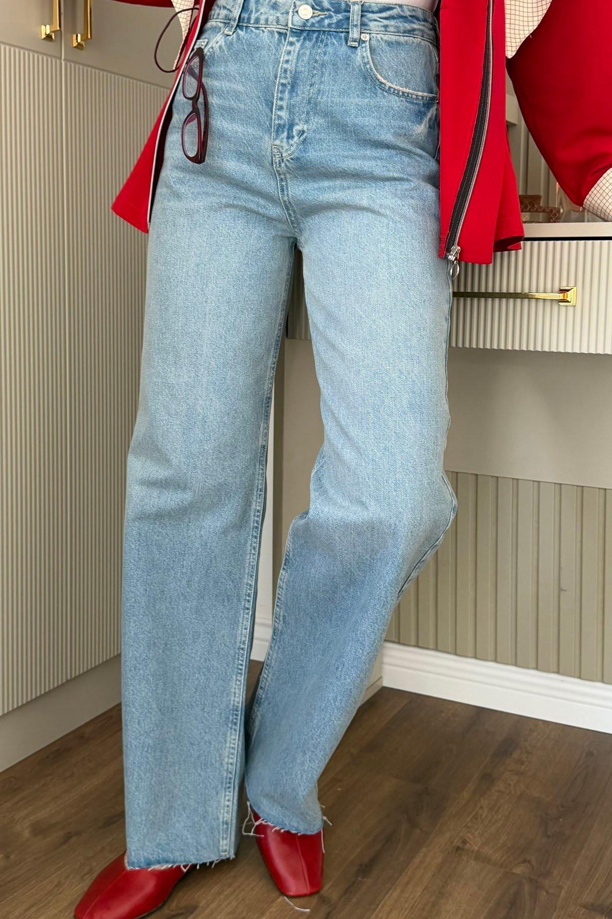 Yüksek Bel Geniş Paça Denim Pantolon-MAVİ