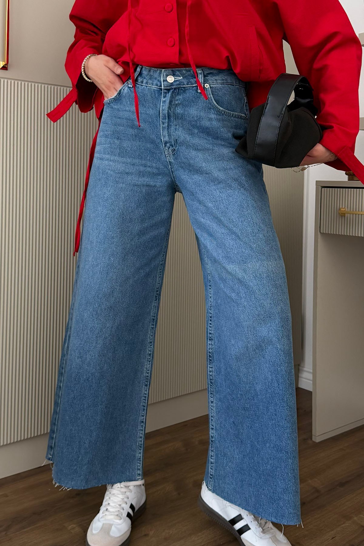Yüksek Bel Kesik Paçalı Denim Pantolon-MAVİ