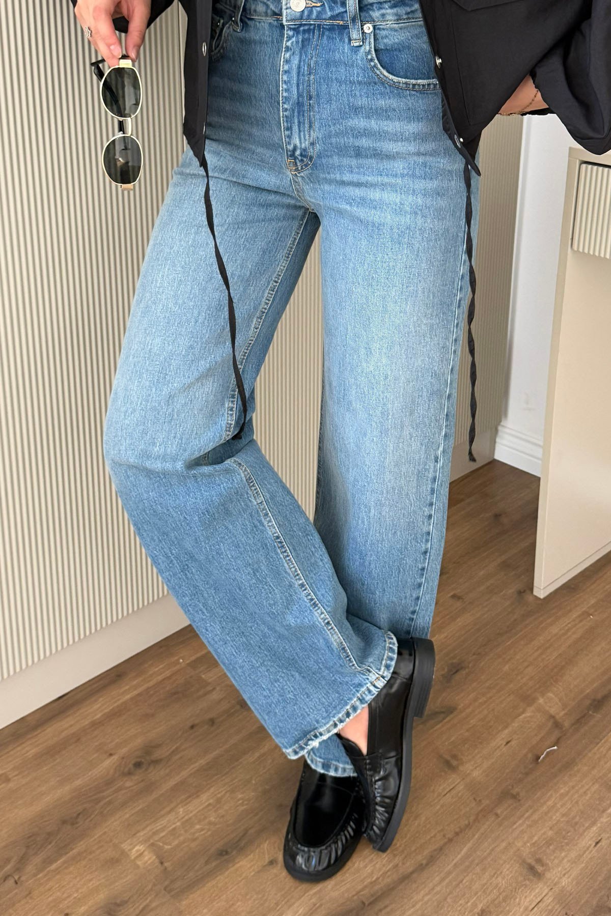 Yüksek Bel Relaxed Fit Denim Pantolon-MAVİ