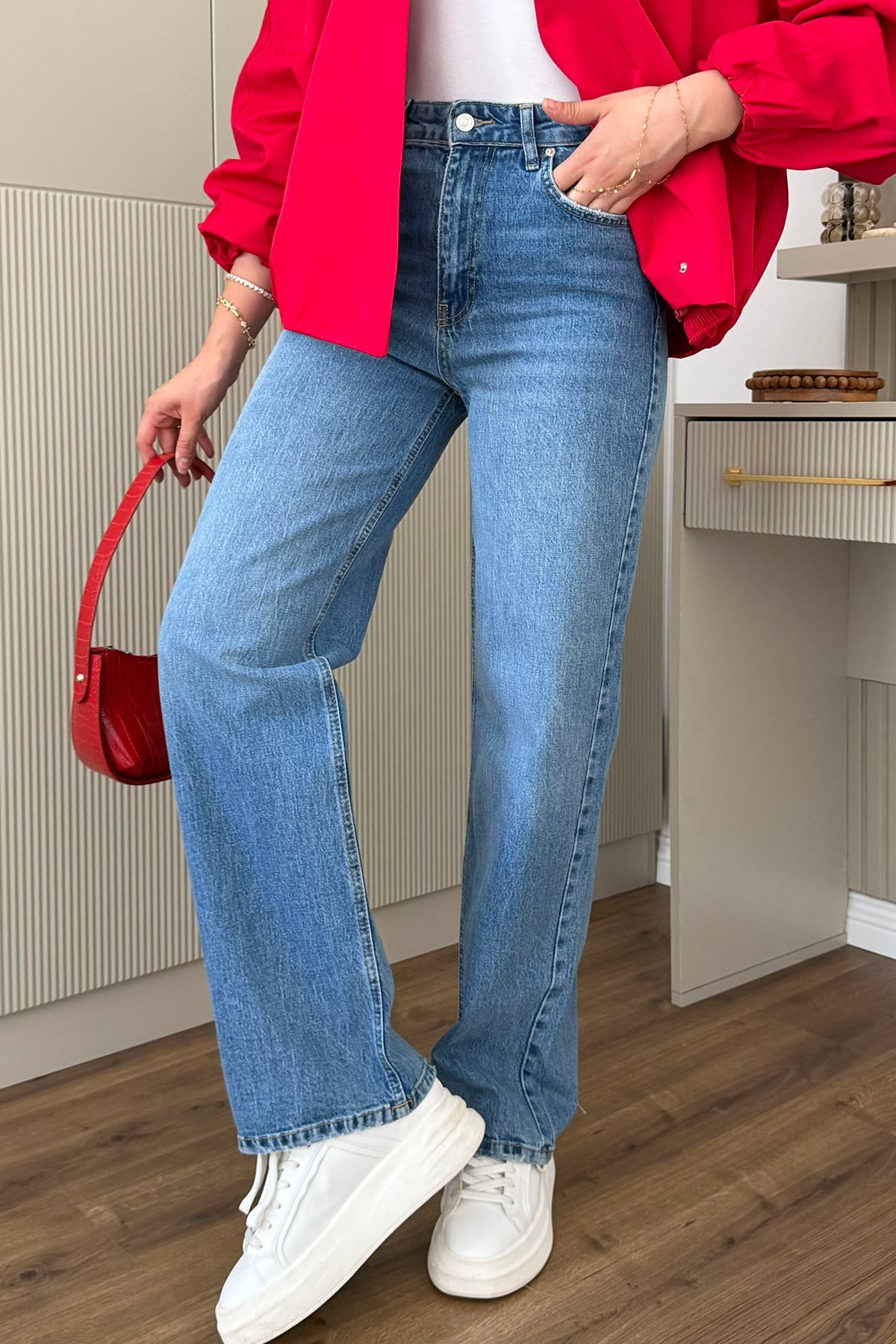 Yüksek Bel Wide-Leg Denim Pantolon-MAVİ