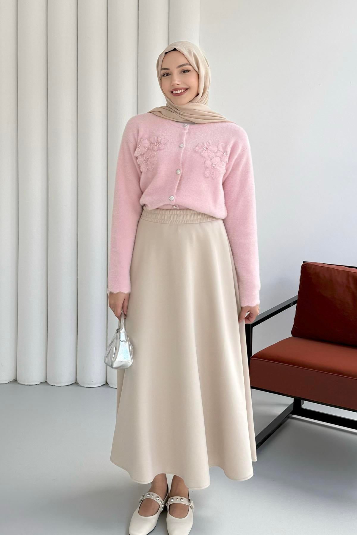 Yumoş Dokulu Çiçek Detaylı Triko Hırka-PEMBE