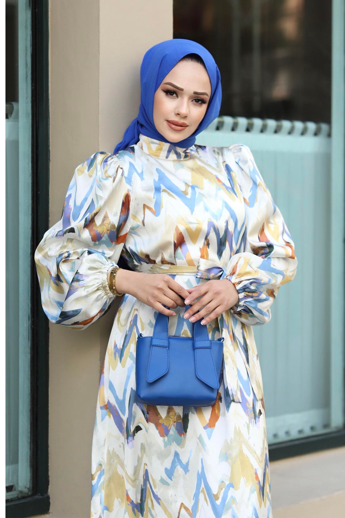 Zigzag Desenli Saten Tesettür Elbise-BEBE MAVİ