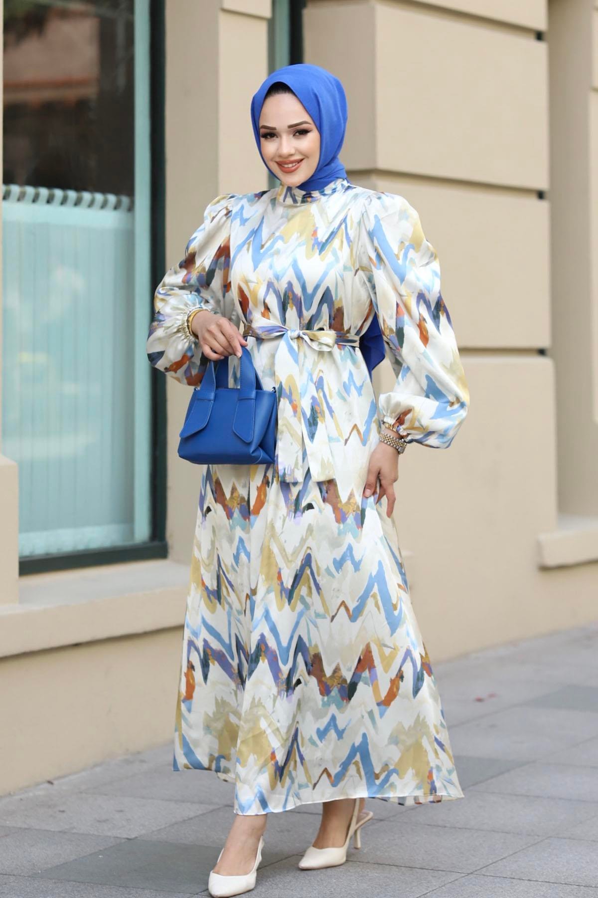 Zigzag Desenli Saten Tesettür Elbise-BEBE MAVİ