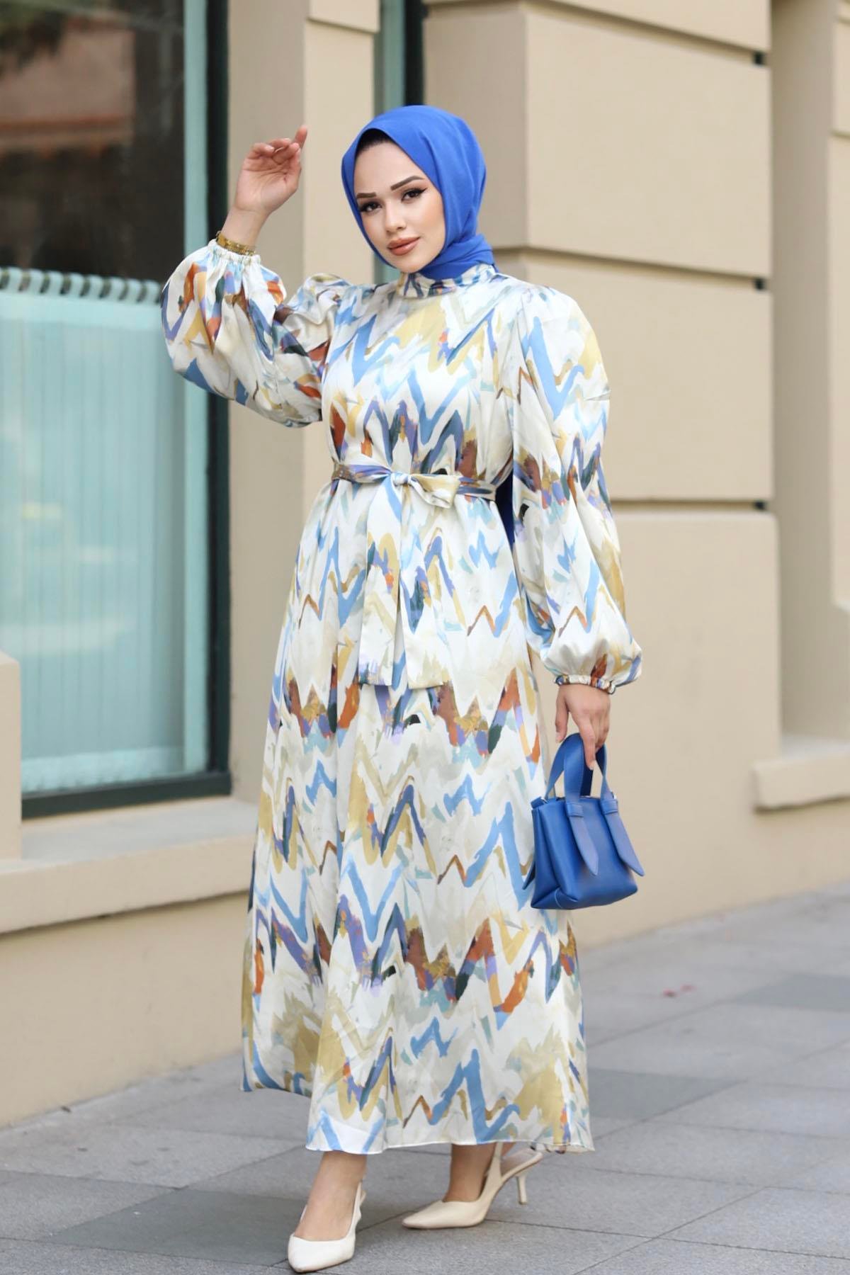 Zigzag Desenli Saten Tesettür Elbise-BEBE MAVİ