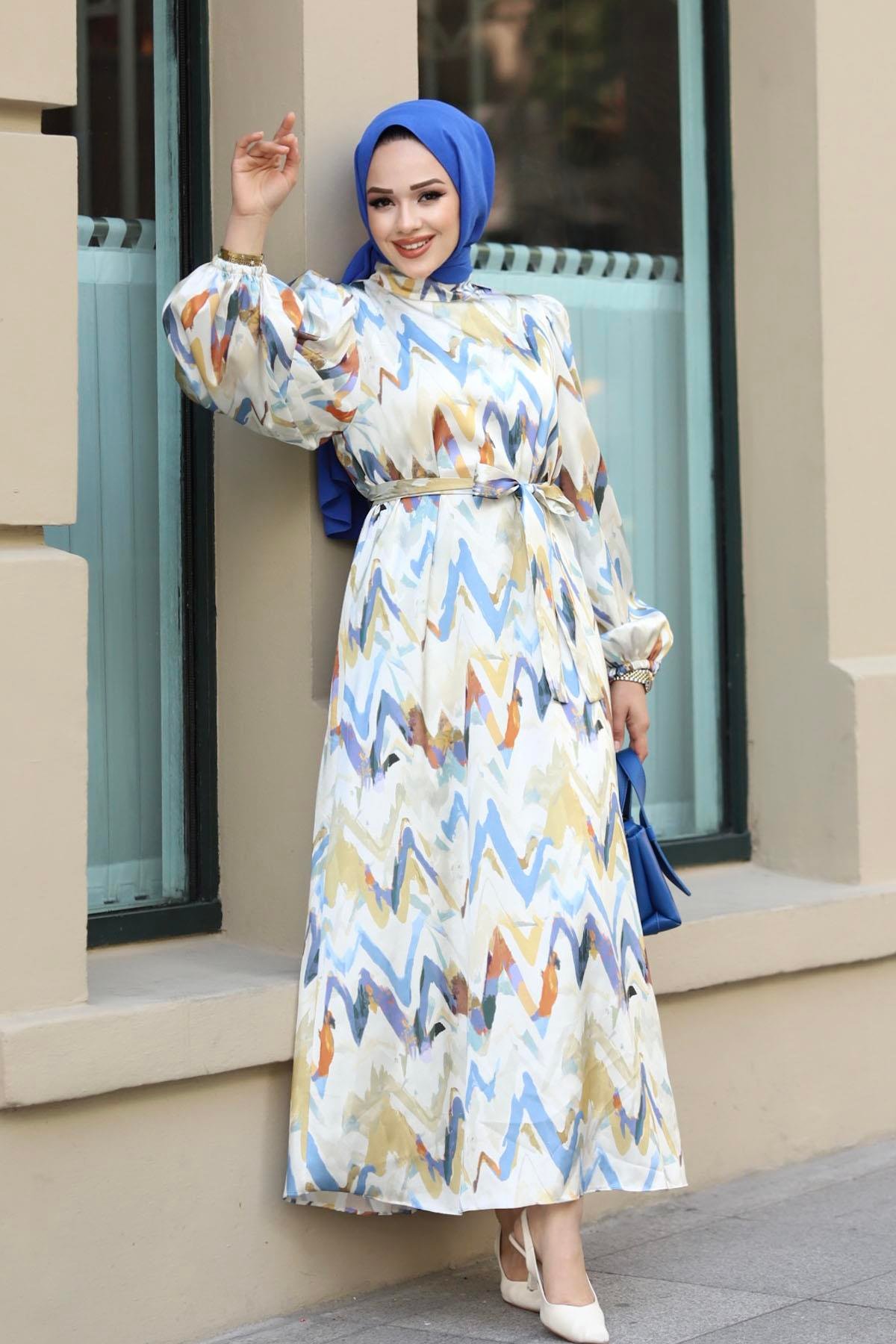 Zigzag Desenli Saten Tesettür Elbise-BEBE MAVİ