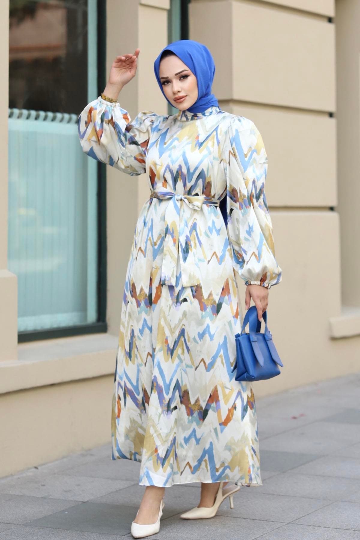 Zigzag Desenli Saten Tesettür Elbise-BEBE MAVİ